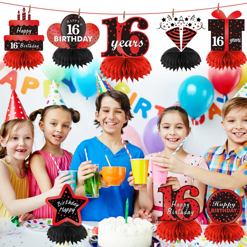 Parfundg Red Black 16th Birthday Decorations Table Honeycomb Centerpieces  8Pcs Happy 16 Year Old Birthday Table Topper Party Supplies for Boys Girls  Sixteen Birthday Table Centerpiece Decor - Image 4